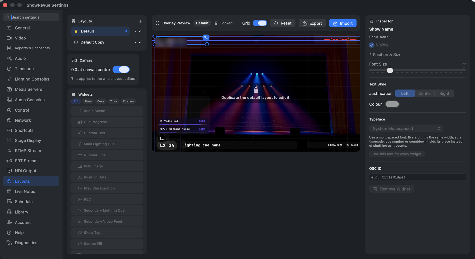 The overlay layout editor. Layouts preferences
