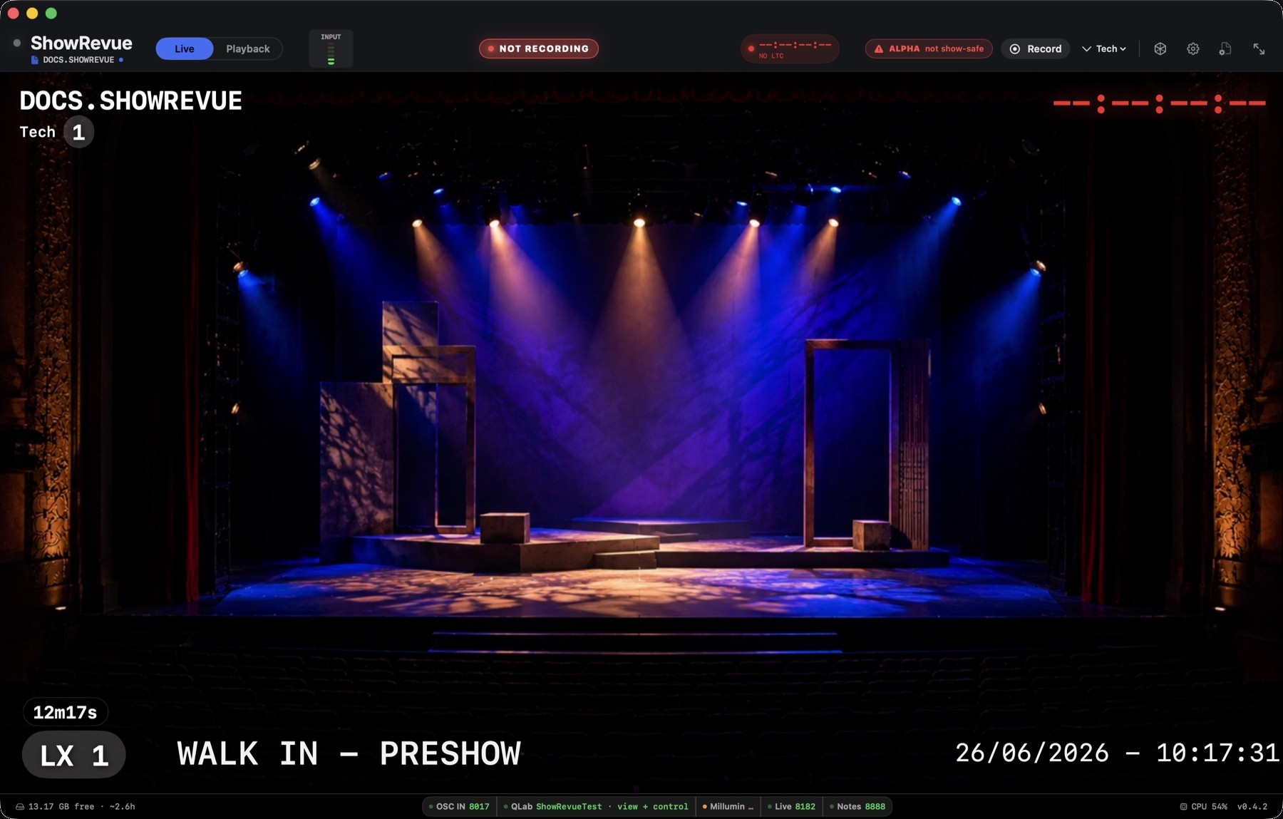 ShowRevue Live tab with a lighting cue