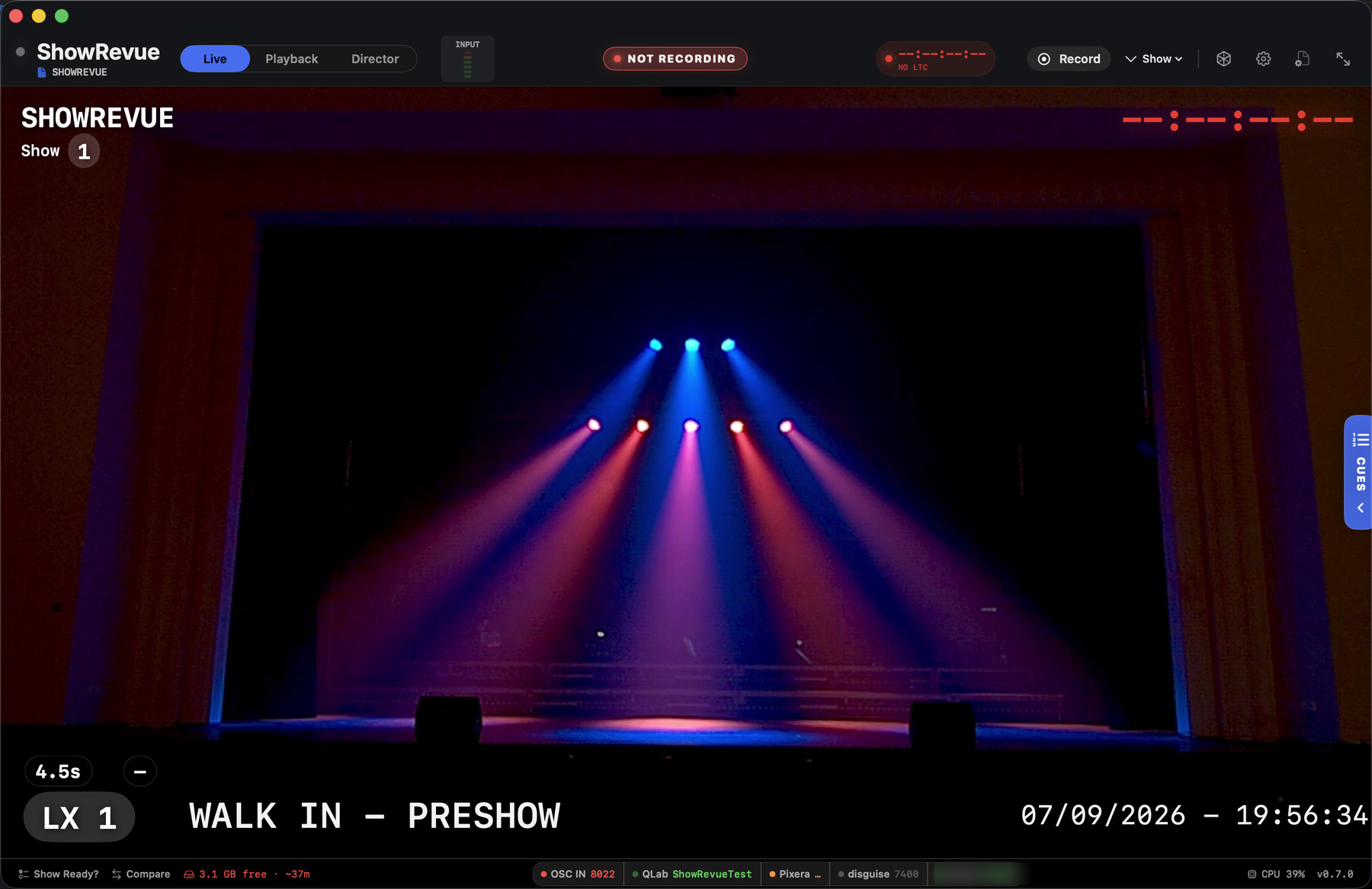 ShowRevue Live tab with a lighting cue