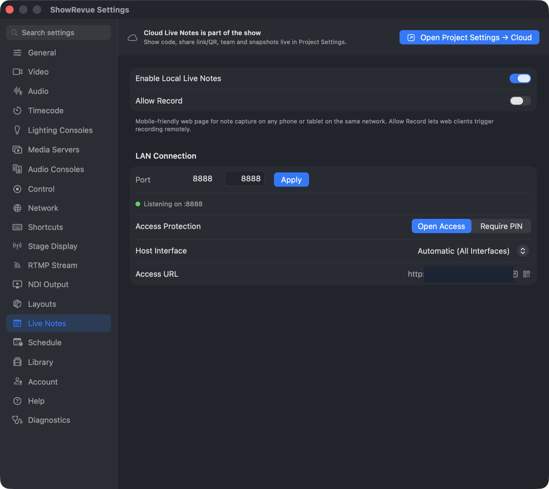 Local Live Notes preferences in ShowRevue