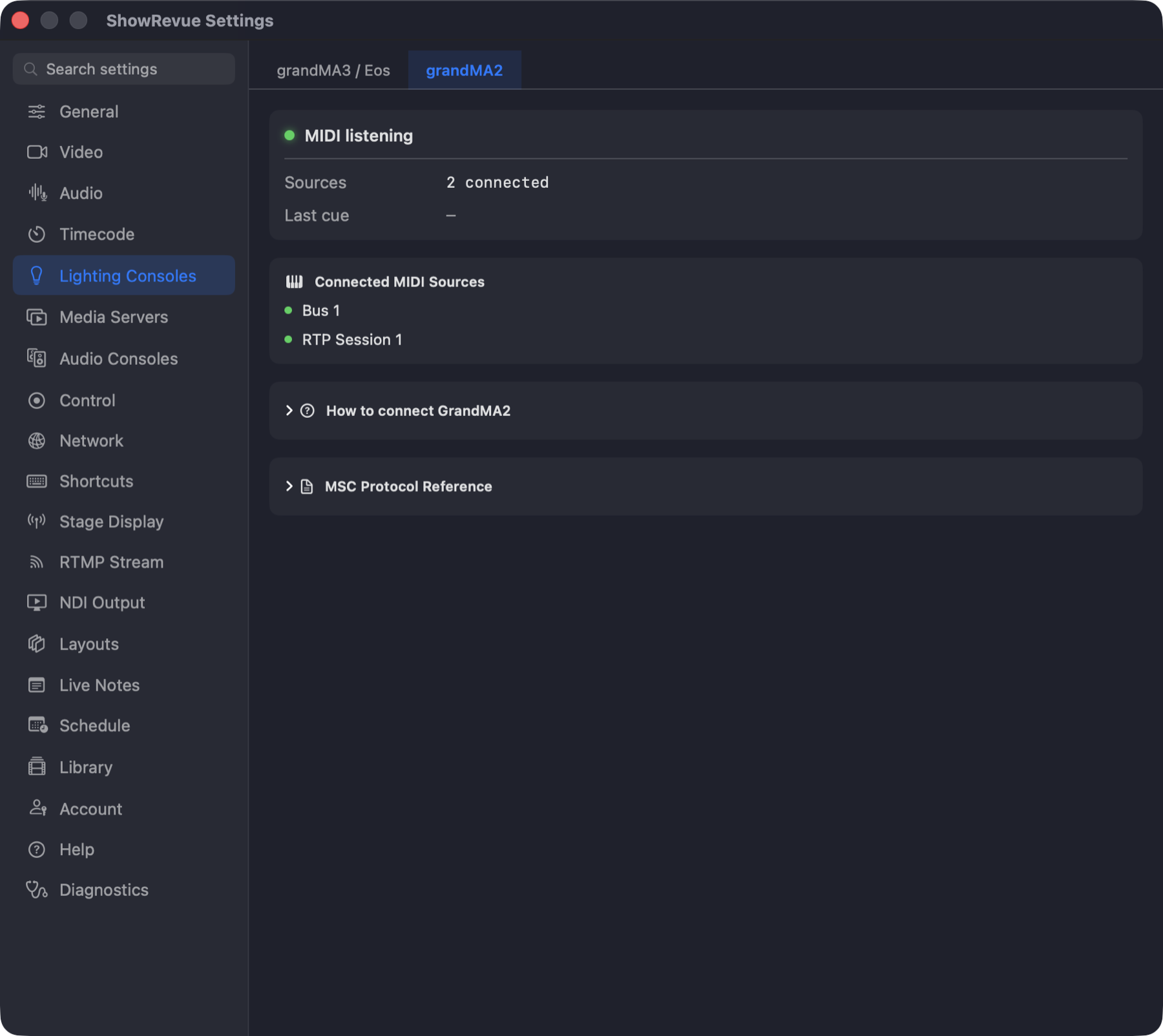 ShowRevue GrandMA2 MIDI listening preferences