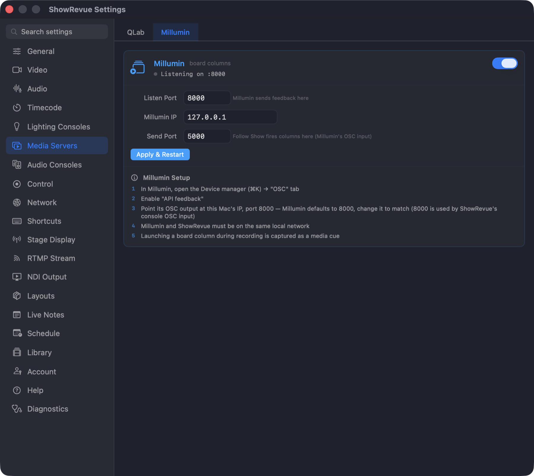 ShowRevue Millumin OSC preferences