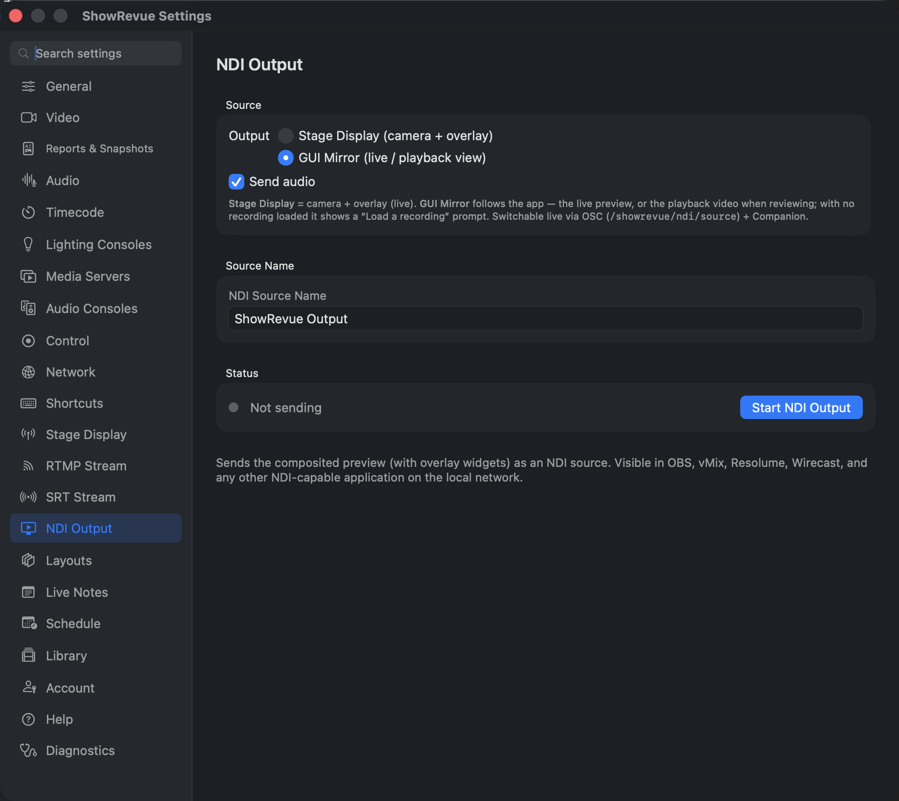 ShowRevue NDI Output preferences