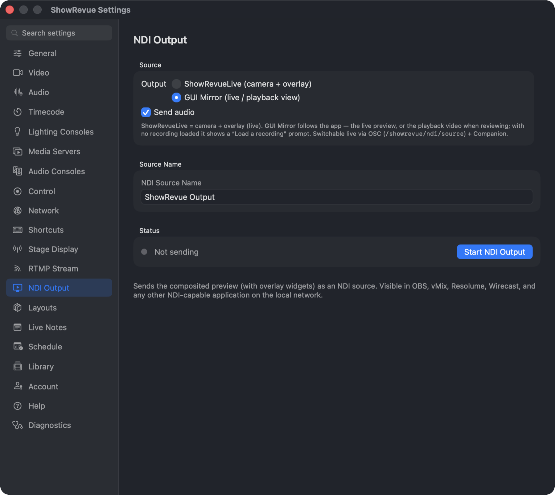 ShowRevue NDI Output preferences