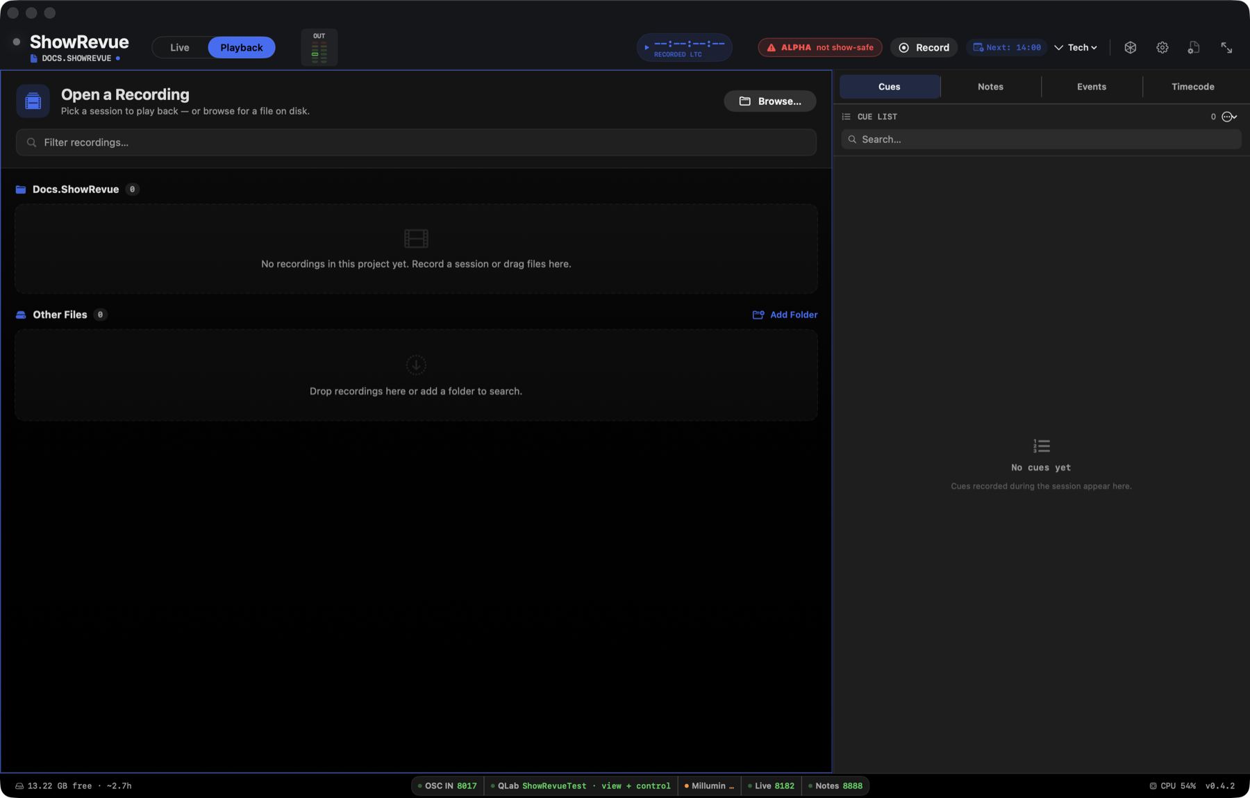 ShowRevue Playback tab — open a recording