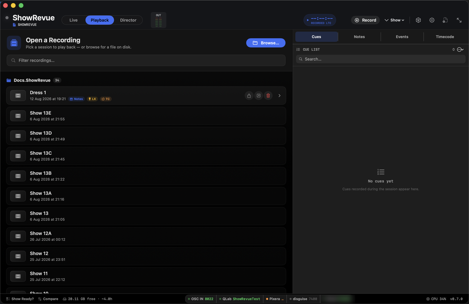 ShowRevue Playback tab. Open a recording