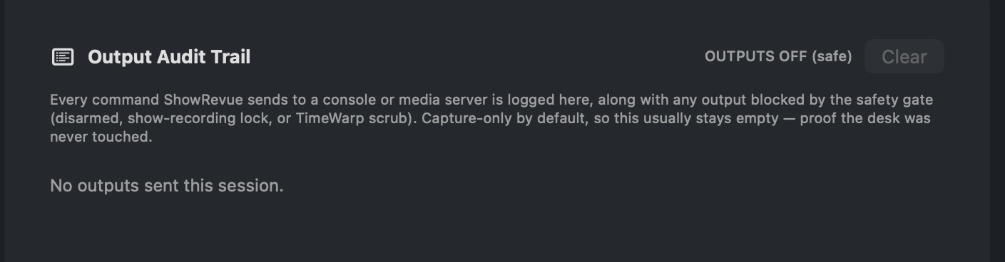 ShowRevue Output Audit trail showing OUTPUTS OFF