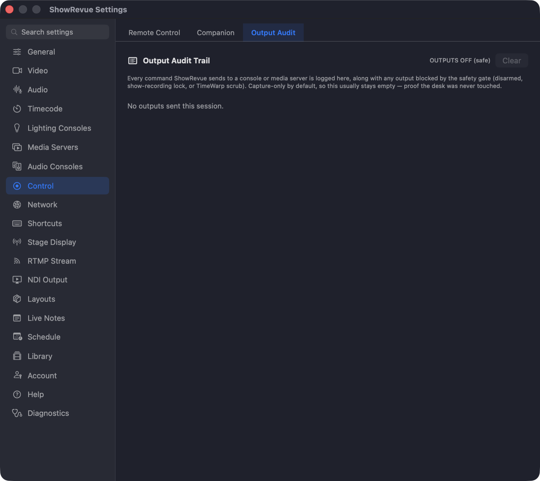 ShowRevue Output Audit trail showing OUTPUTS OFF