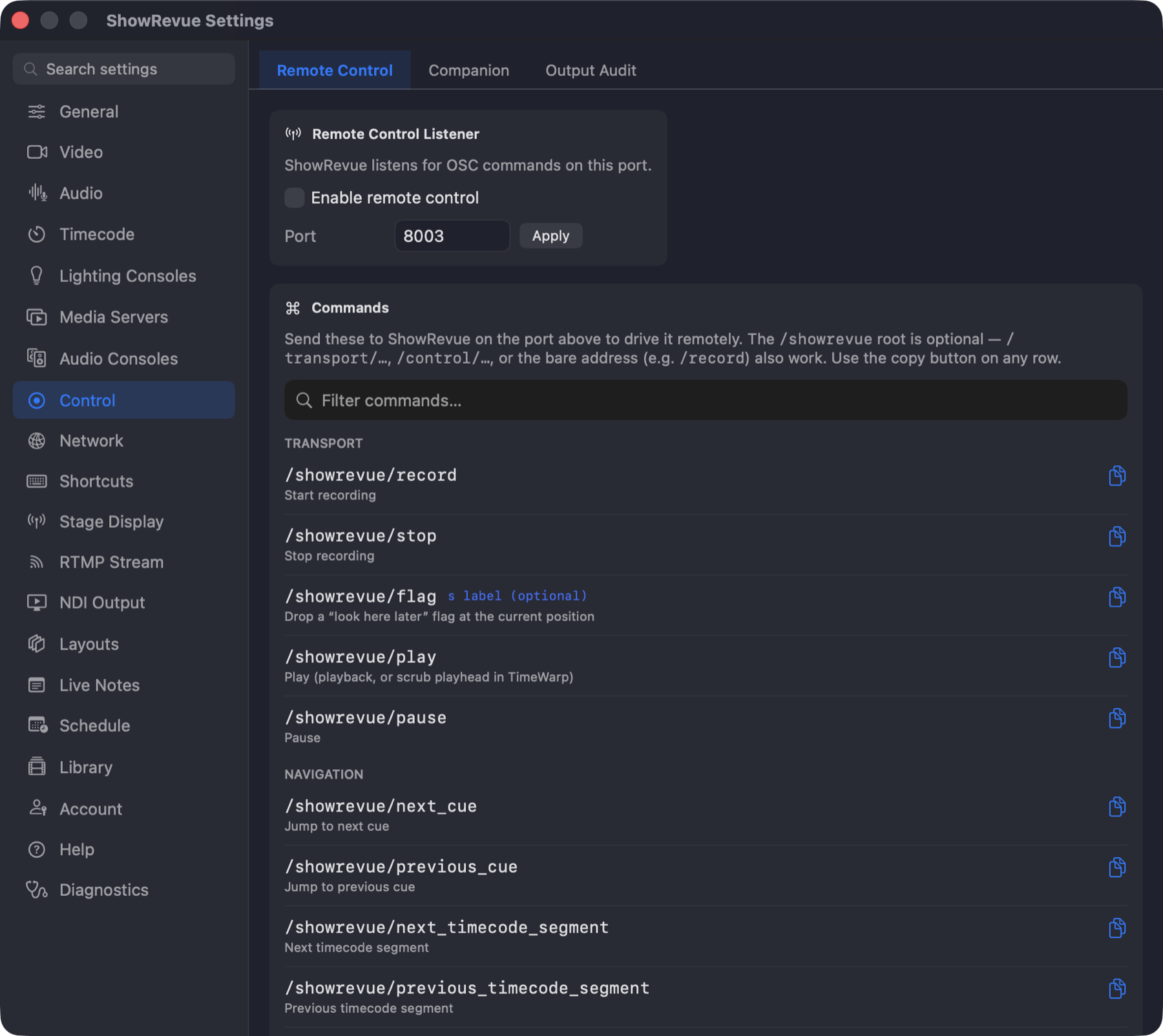 ShowRevue OSC remote-control preferences and command list