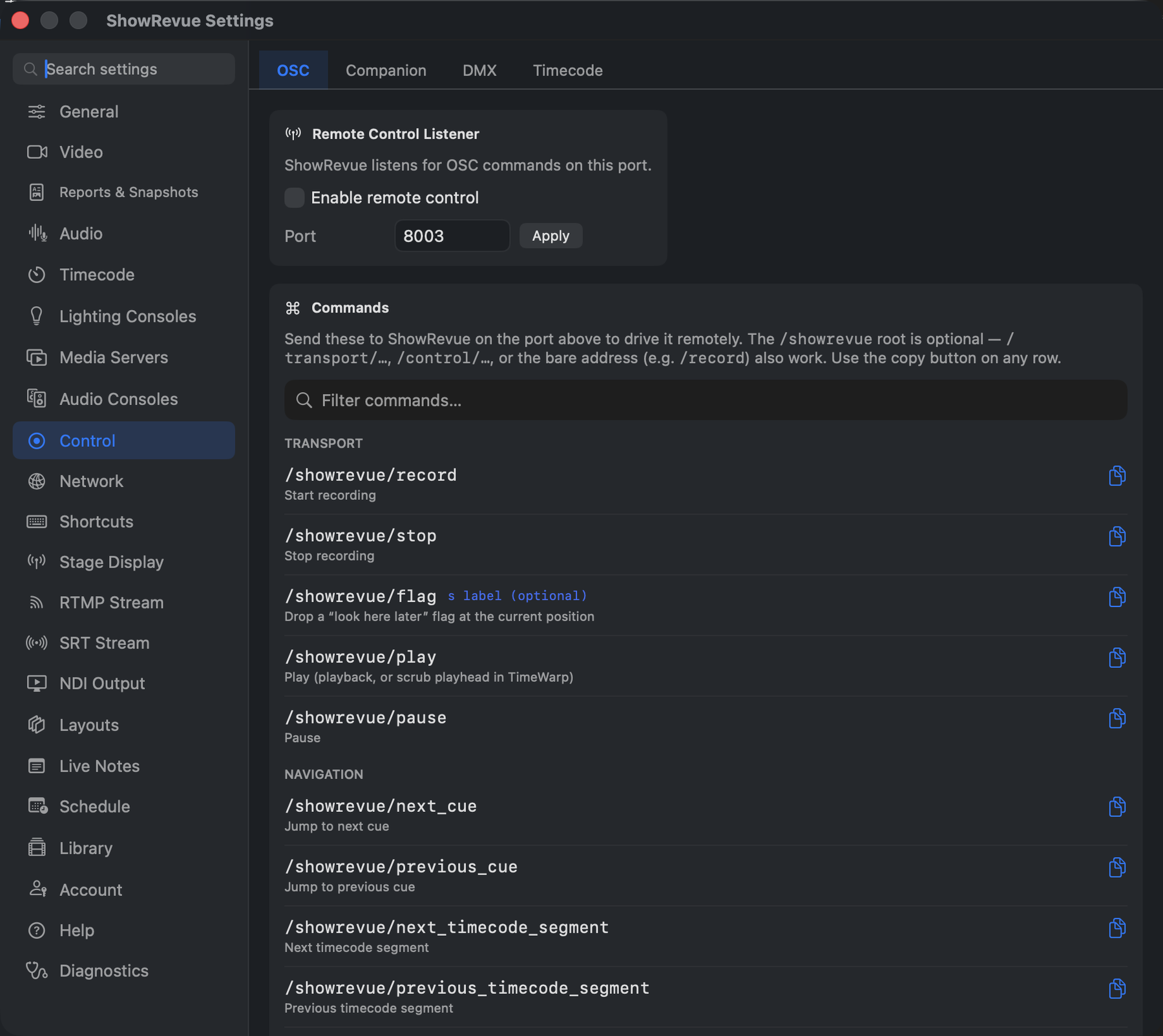 ShowRevue OSC remote-control preferences and command list