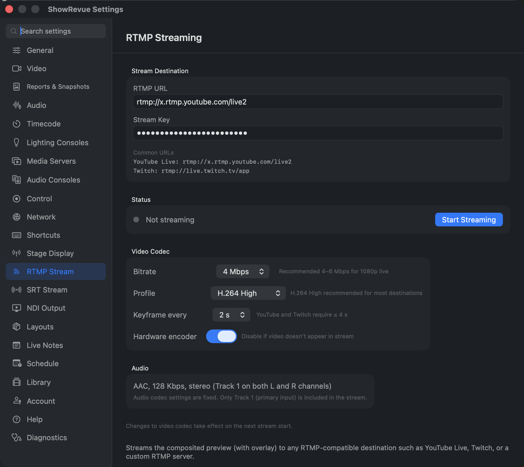 ShowRevue RTMP streaming preferences