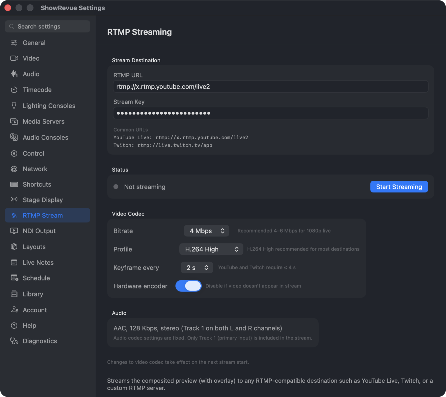 ShowRevue RTMP streaming preferences