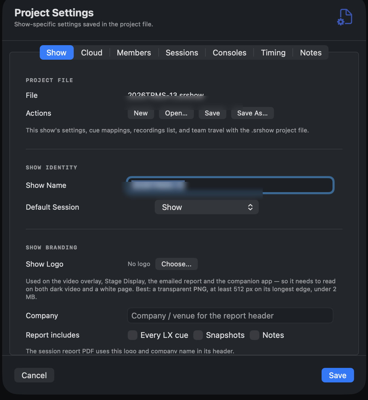 Project Settings. Show tab