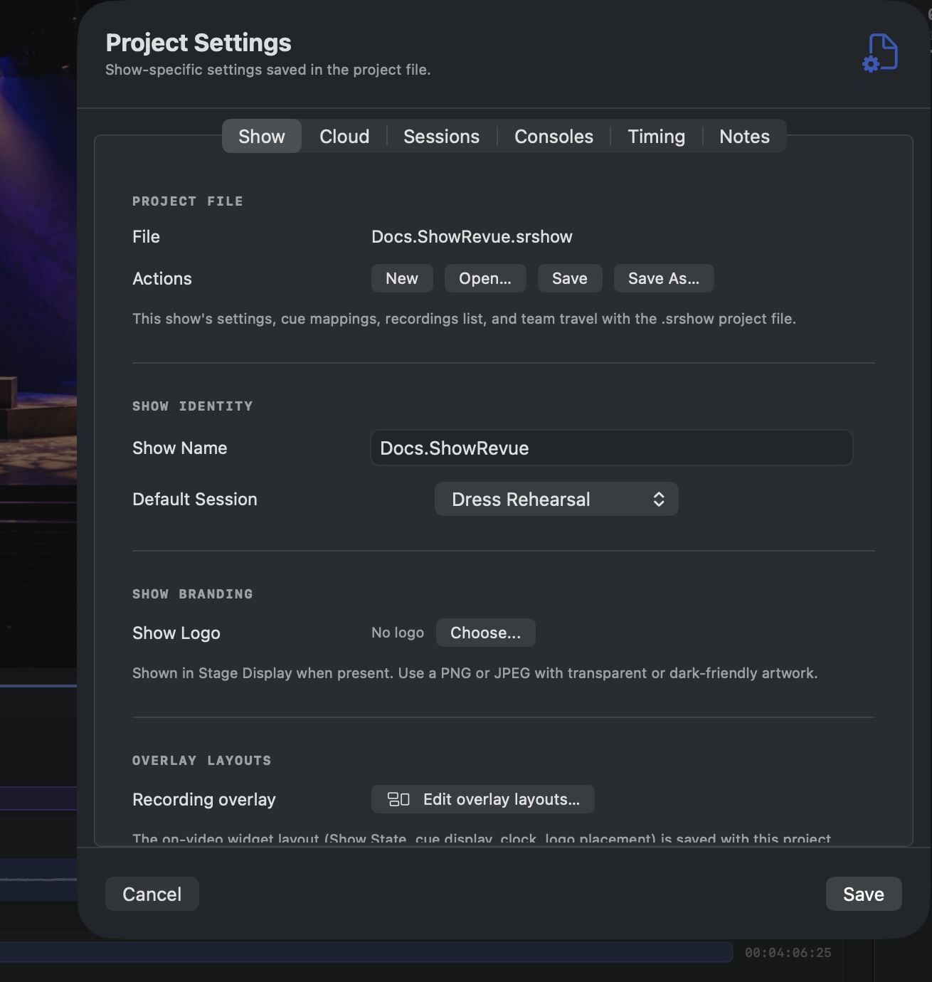 Project Settings — Show tab