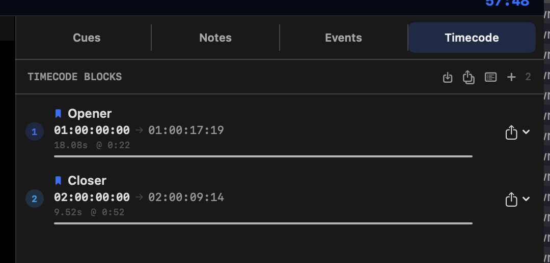 Named timecode sections in the Timecode panel
