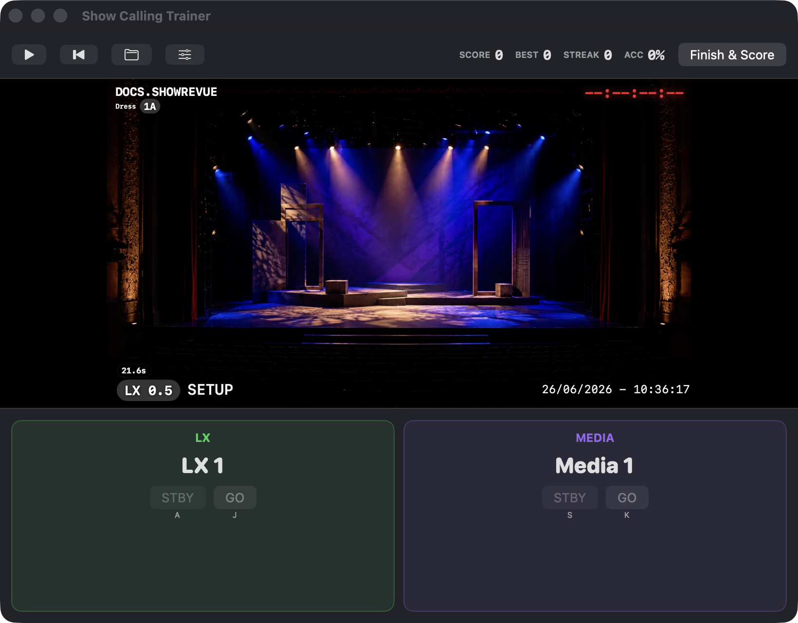 The Show Calling Trainer — call LX and media cues against a recording