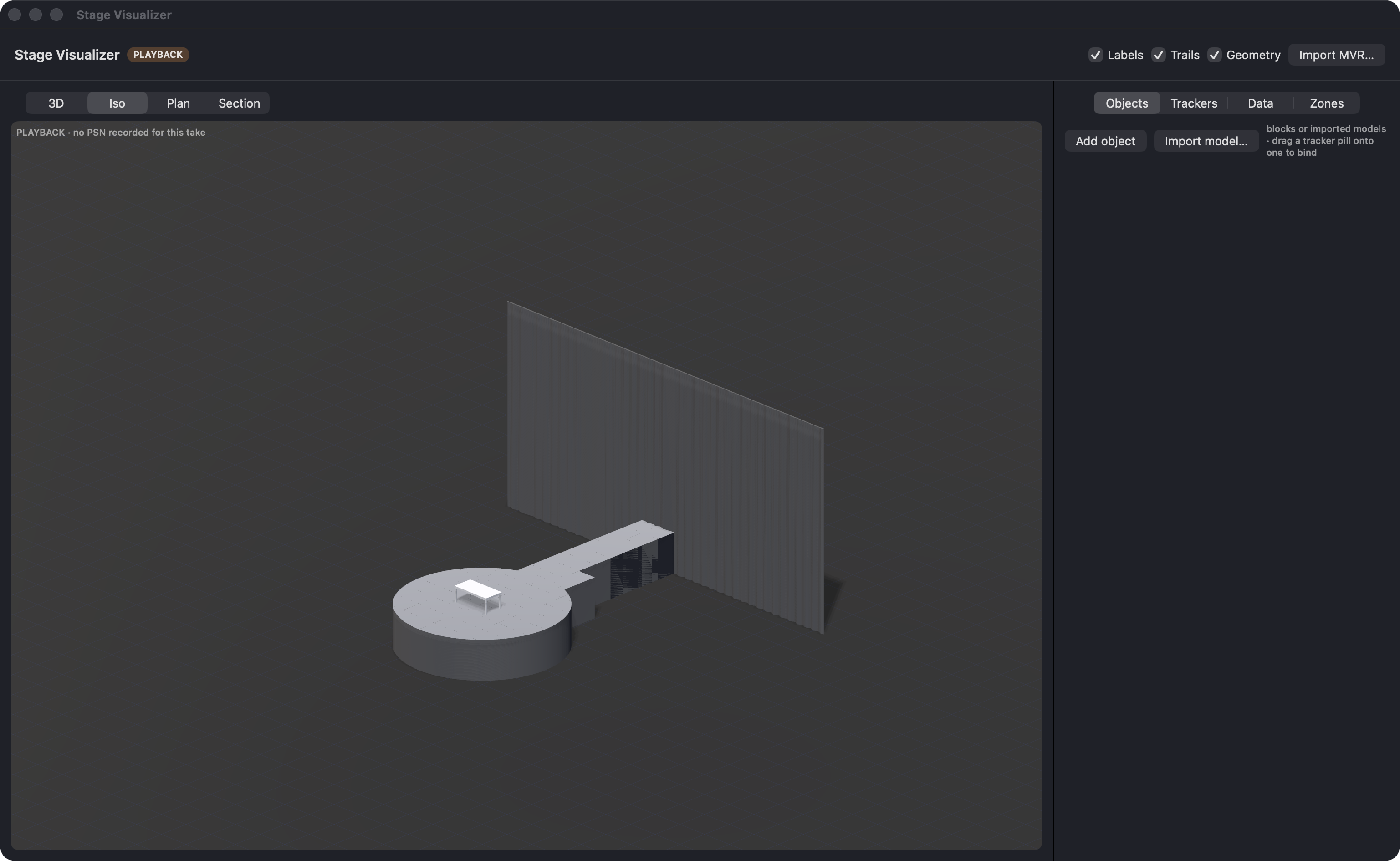 The Stage Visualizer — 3D view of the set with the object and tracker panel