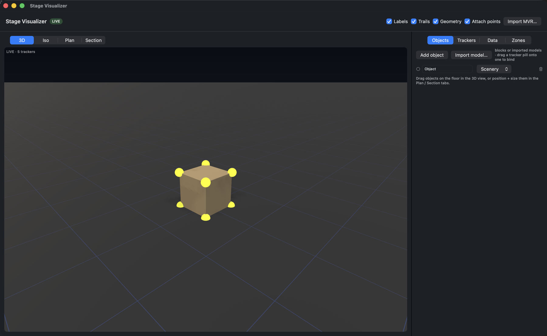 The Stage Visualizer. 3D view of the set with the object and tracker panel