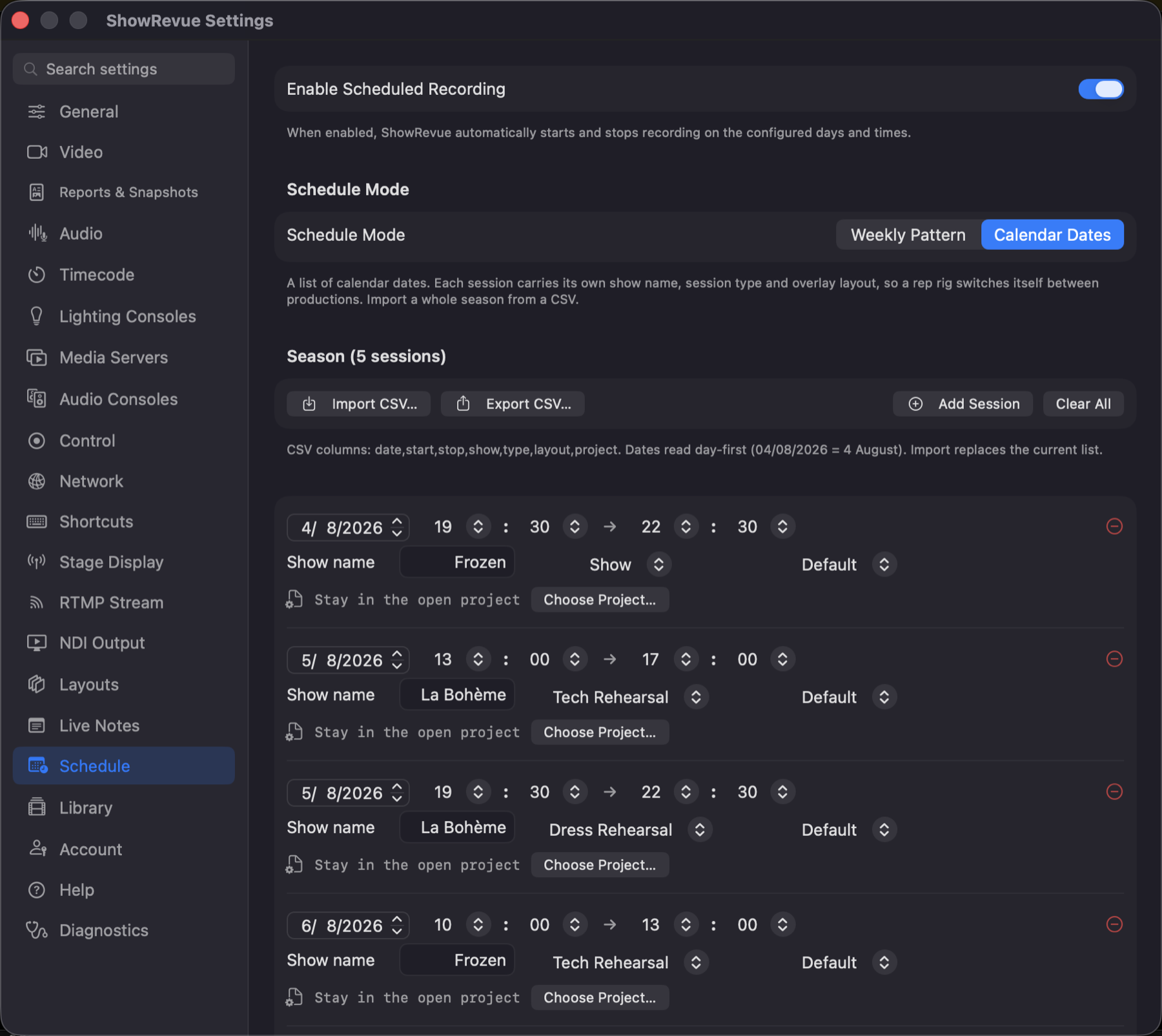 Calendar Dates scheduling — a season of dated sessions