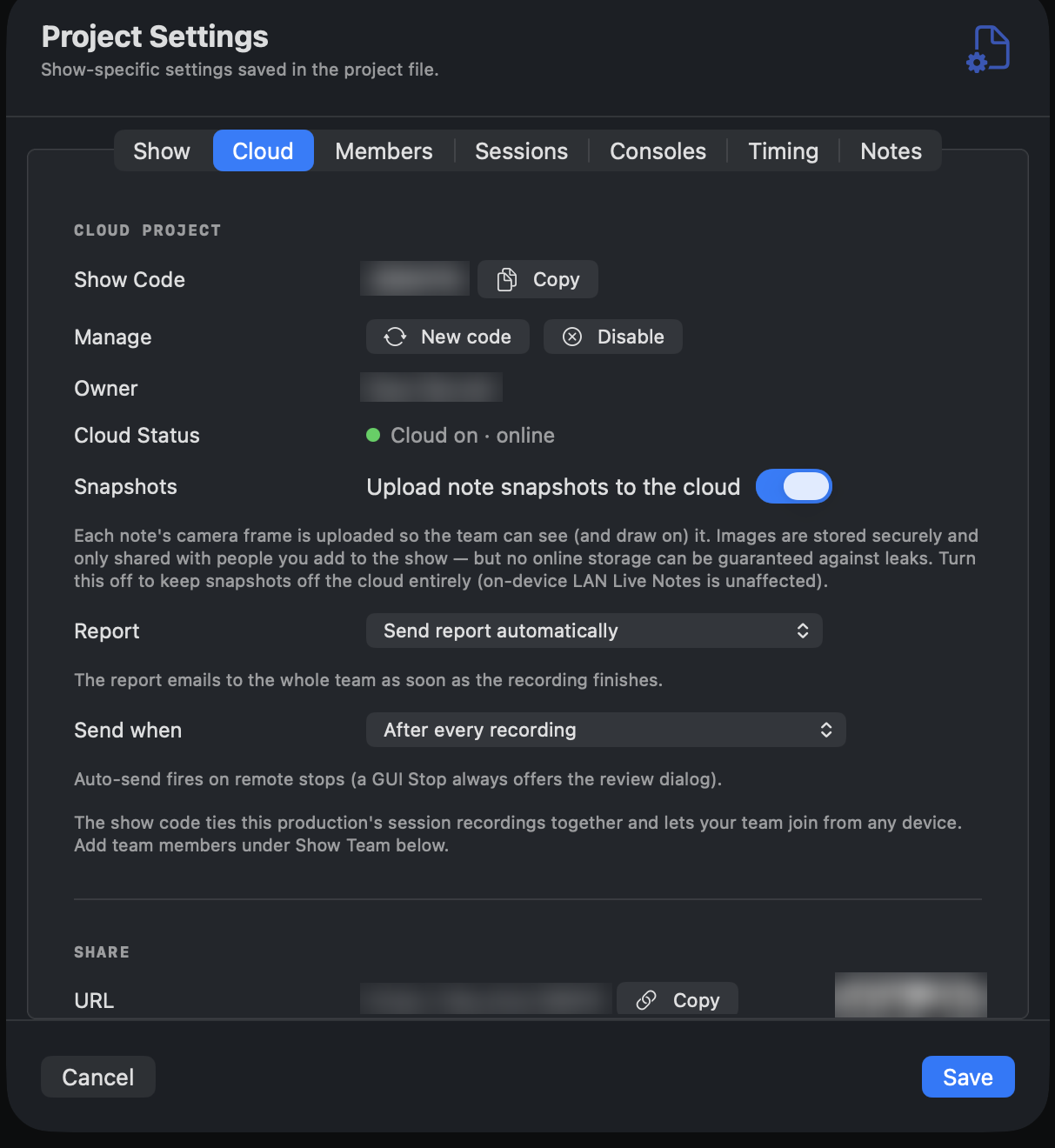 Project Settings. Cloud tab