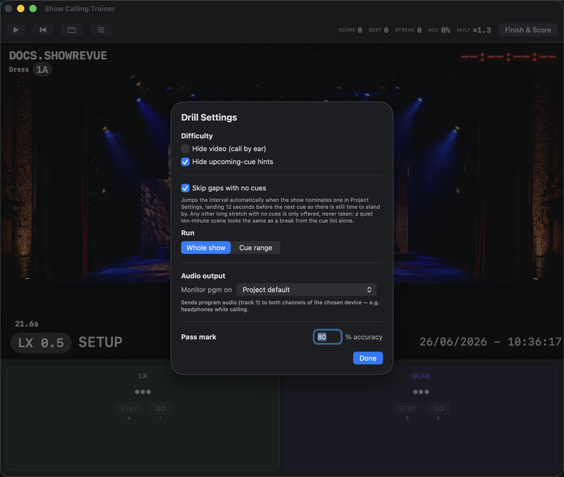 Drill Settings. Difficulty, run range, audio output, and pass mark