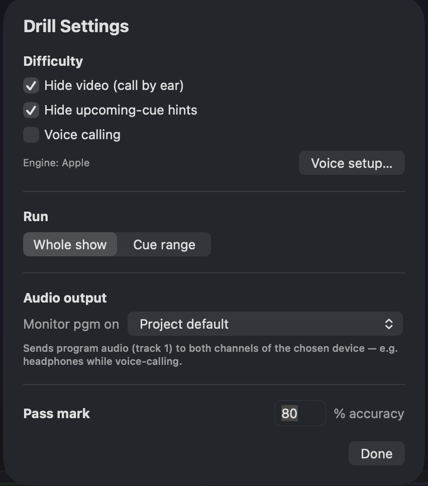 Drill Settings — difficulty, run range, audio output, and pass mark