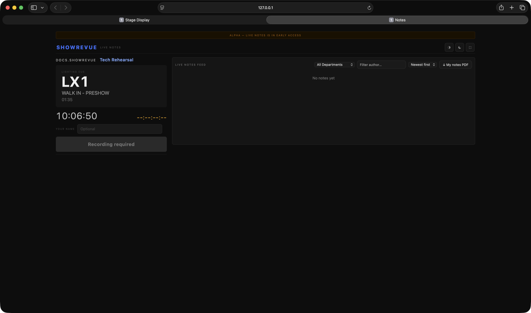 Live Notes web page on a phone or tablet