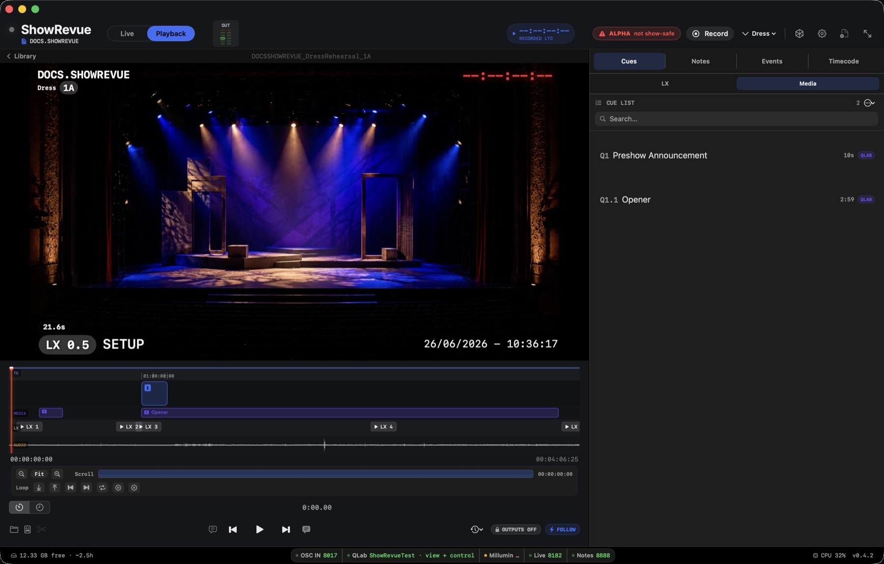 QLab cues captured in ShowRevue playback