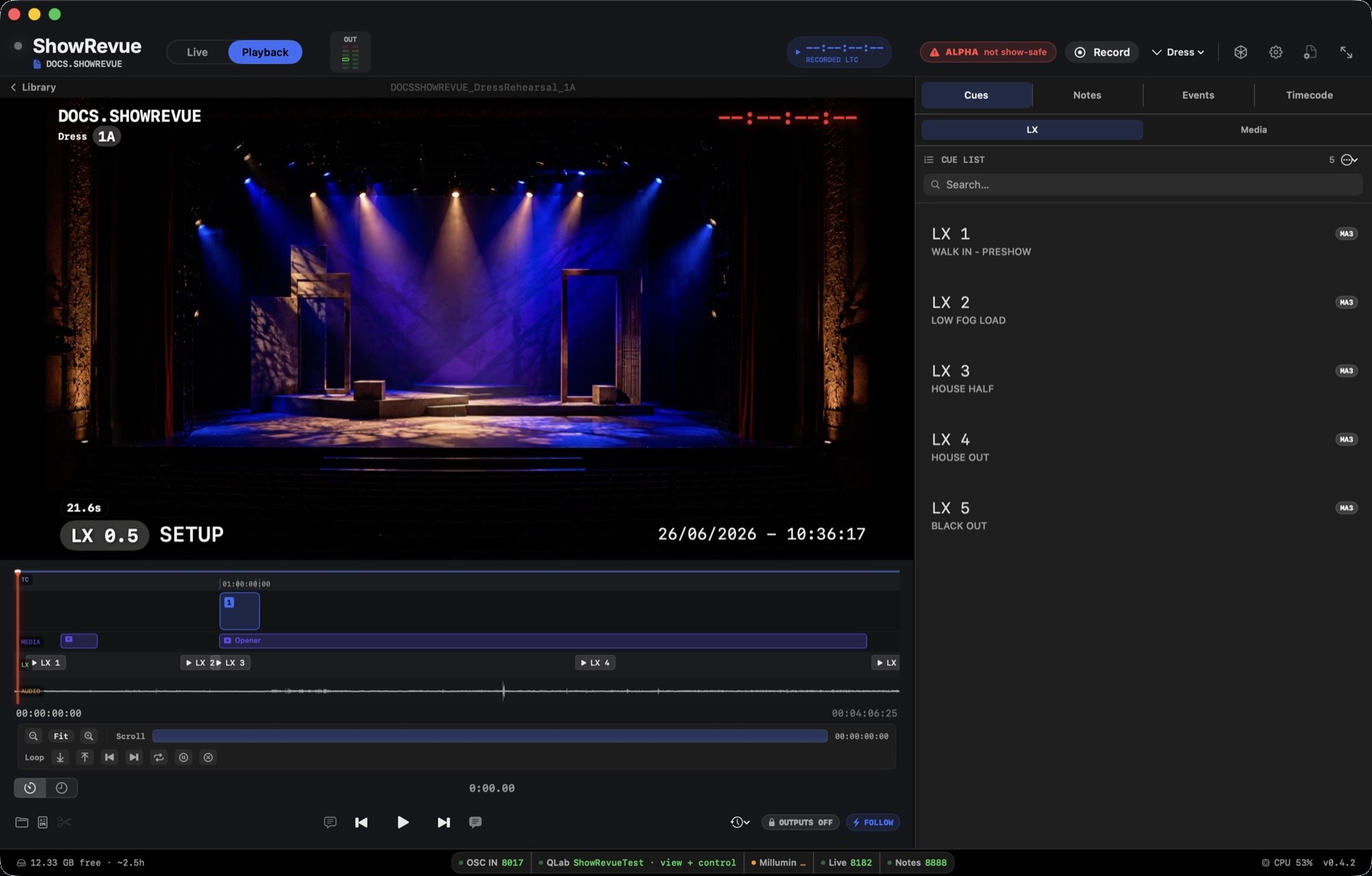 ShowRevue playback timeline with cue markers and cue list