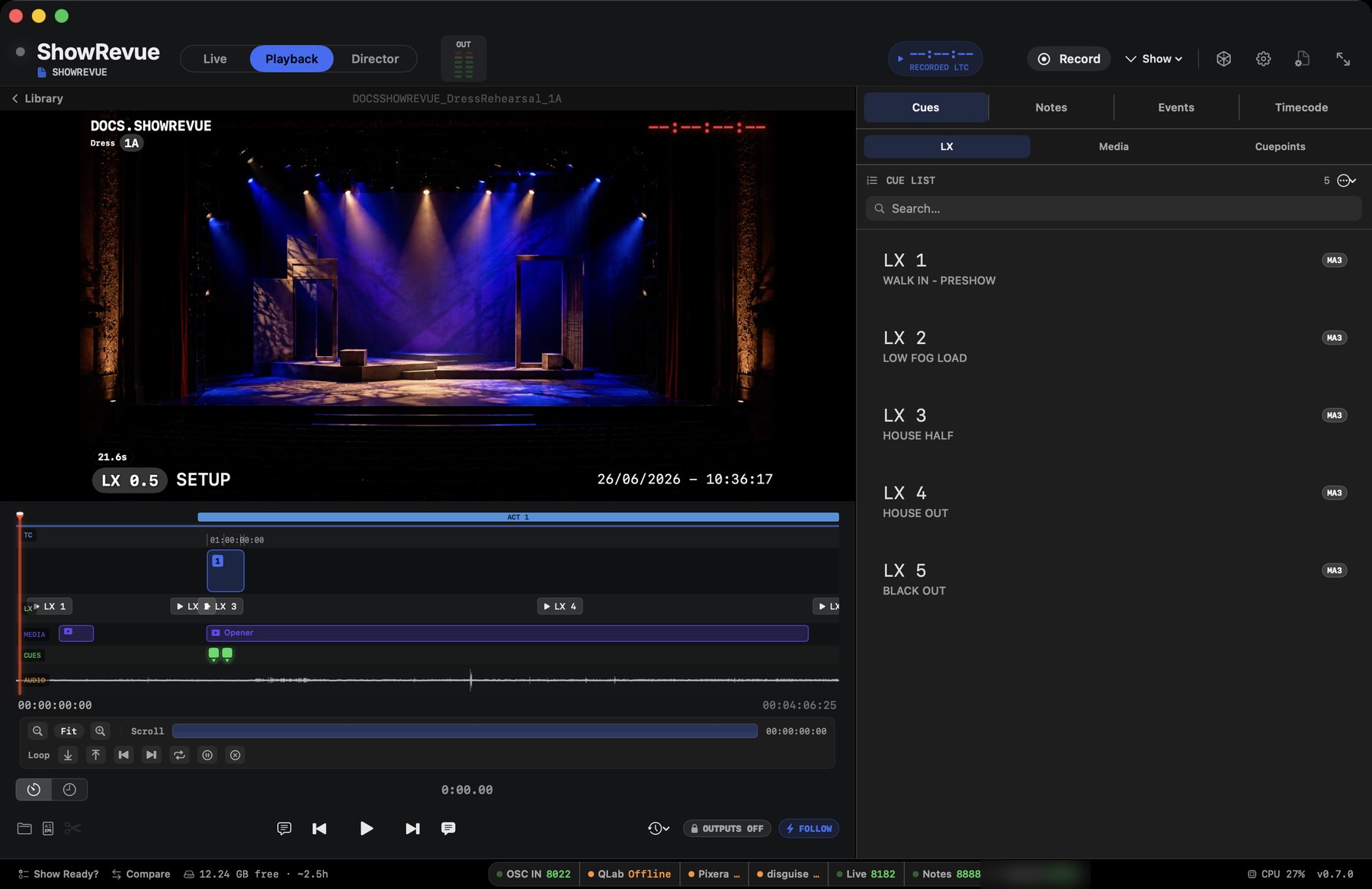 ShowRevue playback timeline with cue markers and cue list