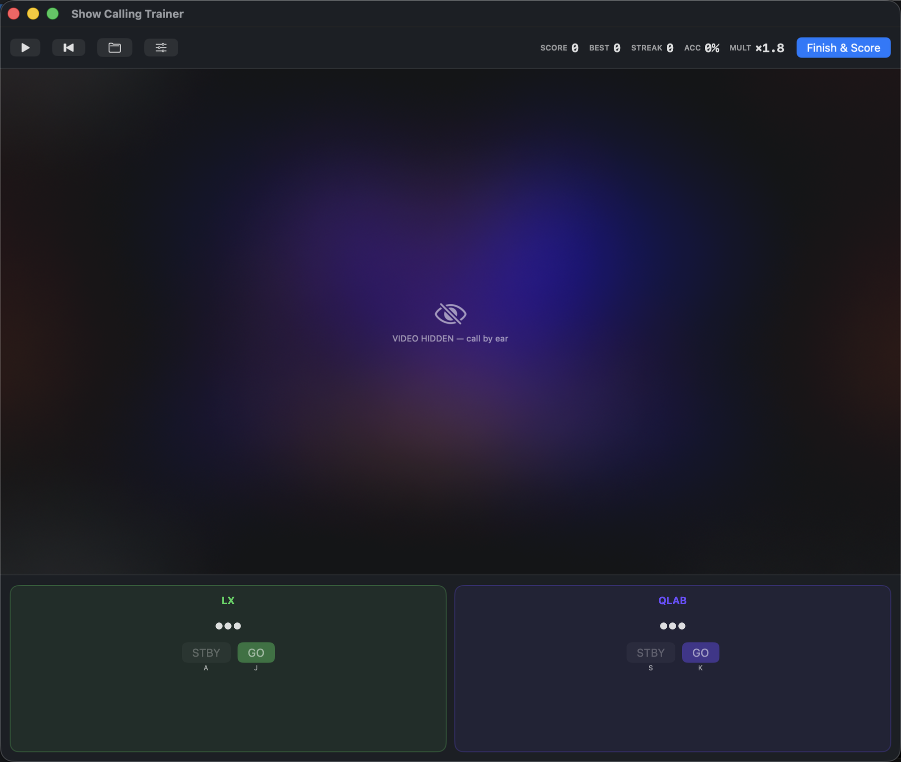 Blind-calling state. Video and hints hidden, scoring multiplier raised