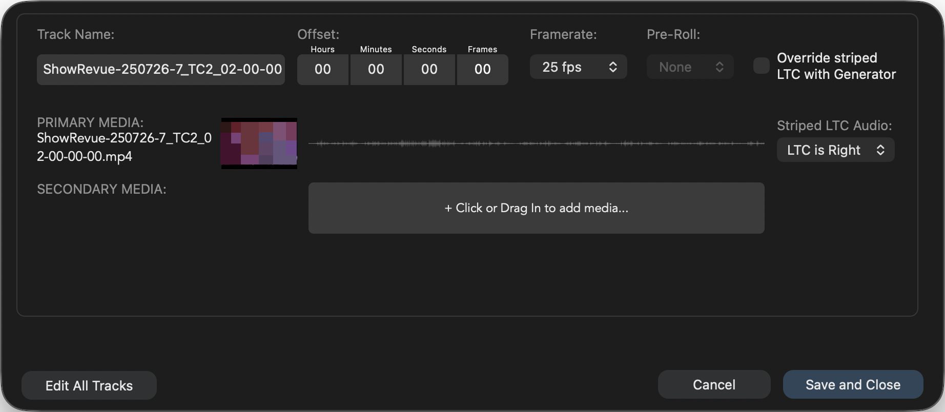 Cuepoints track settings for an exported clip