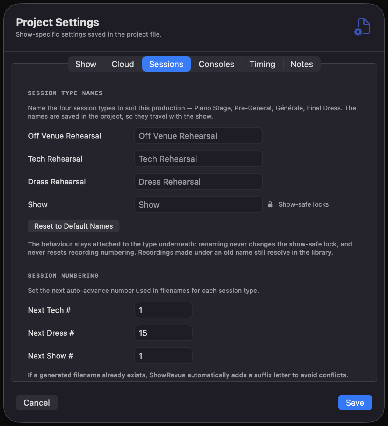 Project Settings — Sessions tab