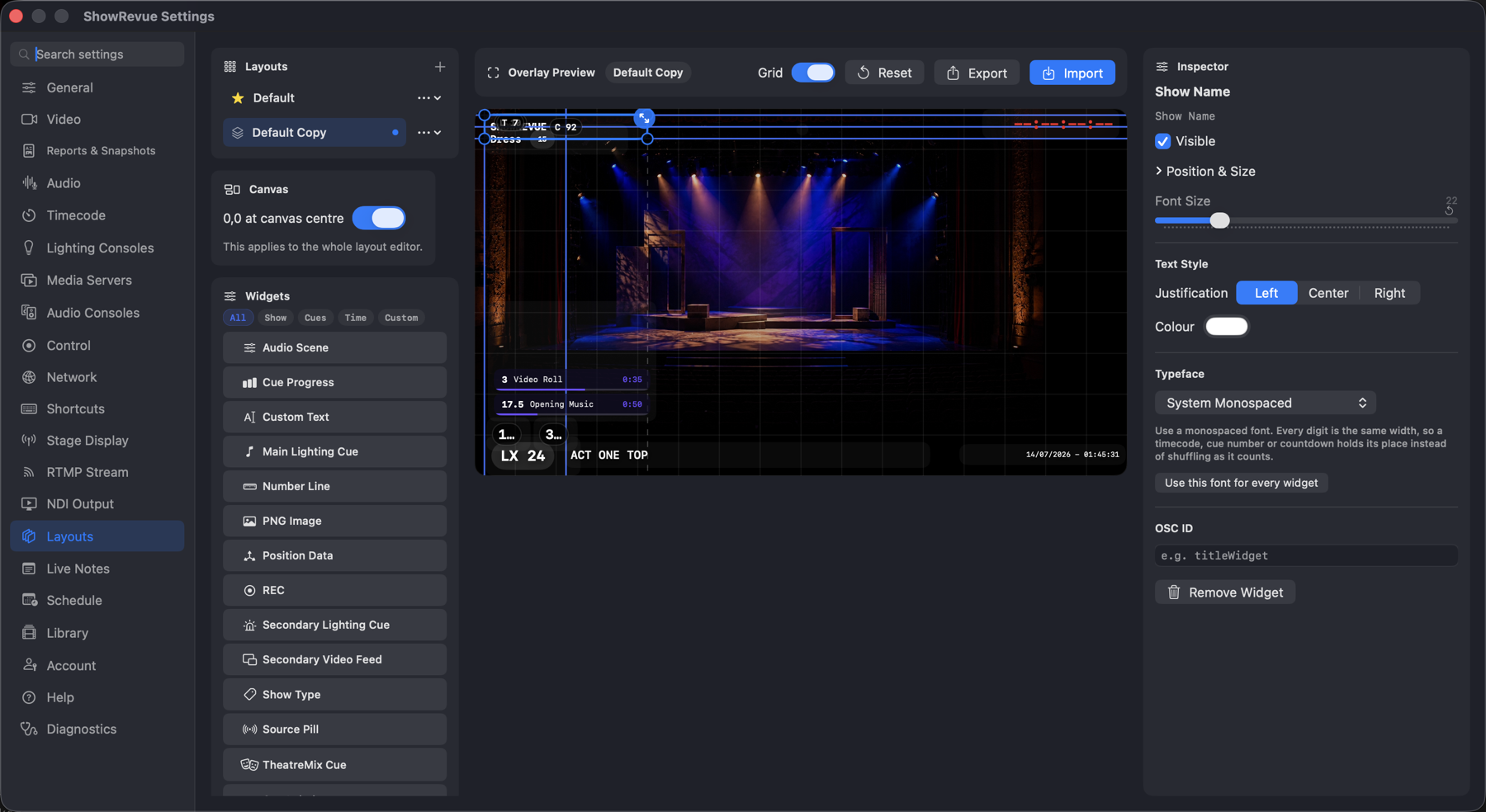 The layout editor — widget palette, overlay preview and the Typeface picker