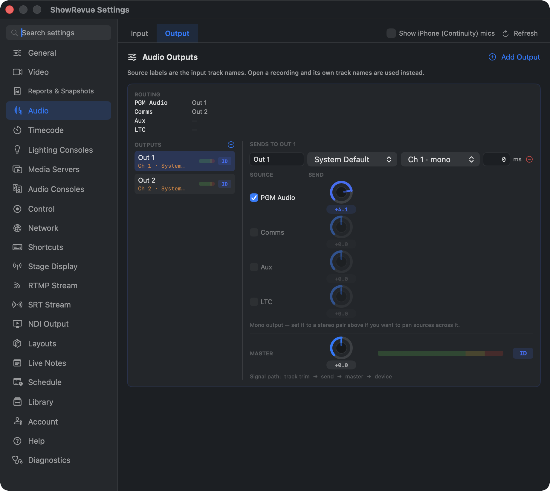 Audio Outputs — routing summary, outputs list, per-source send and pan, master