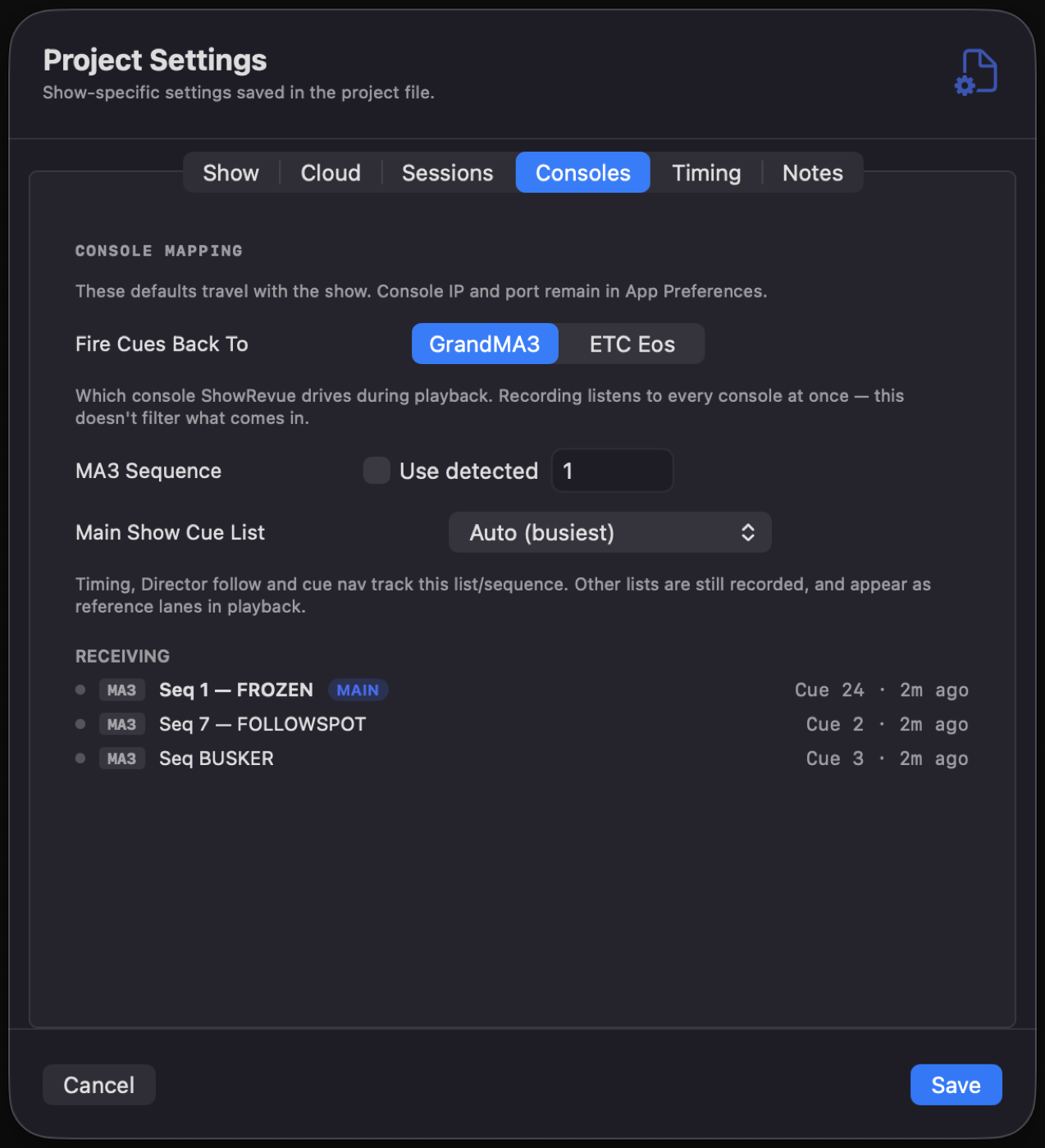 Project Settings — Consoles tab