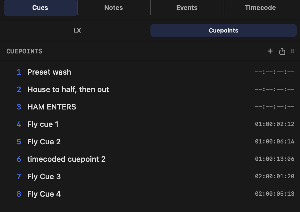 The Cuepoints lane: numbered rows with their timecode, and the add and export buttons