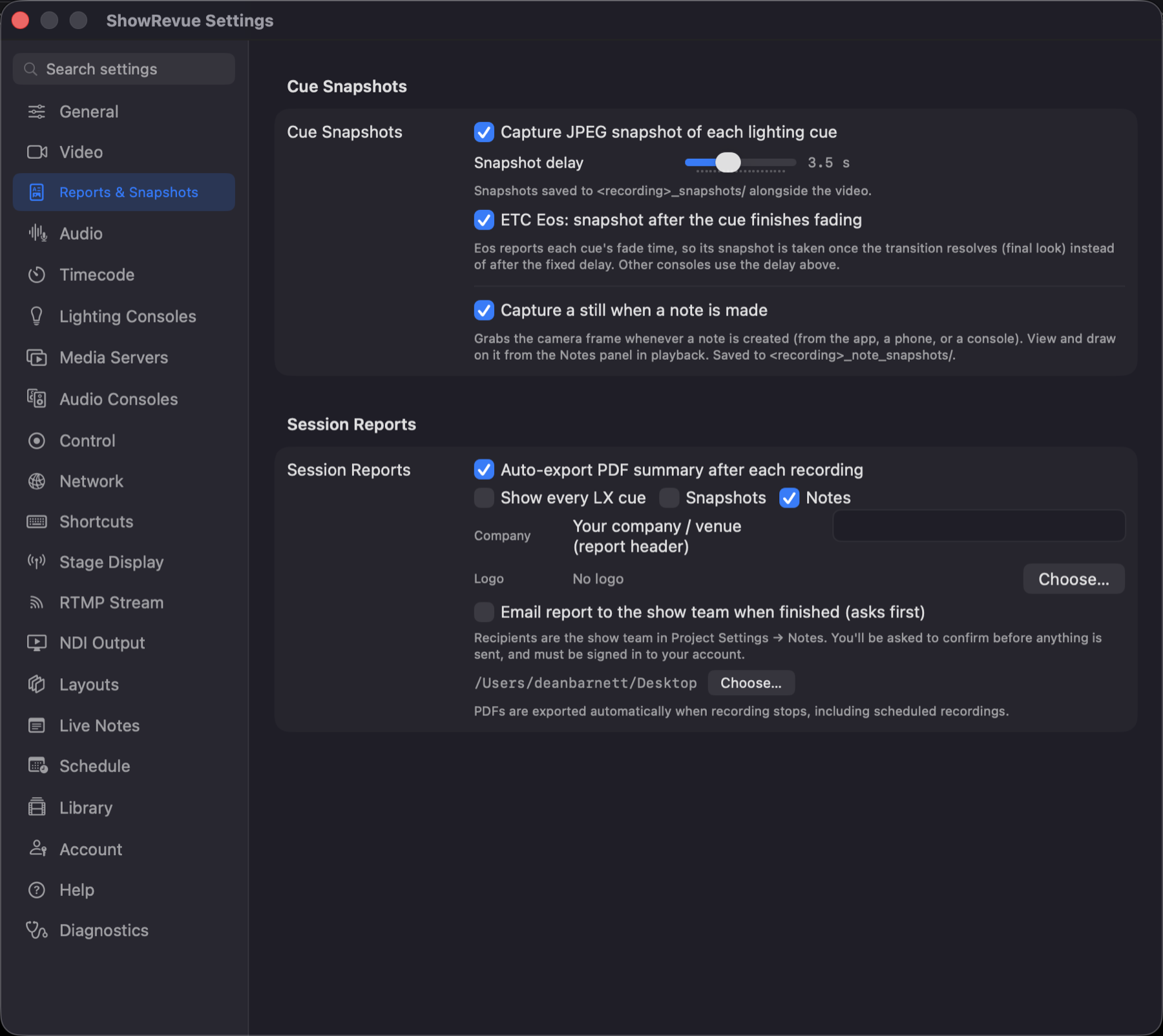 Preferences → Reports &amp; Snapshots