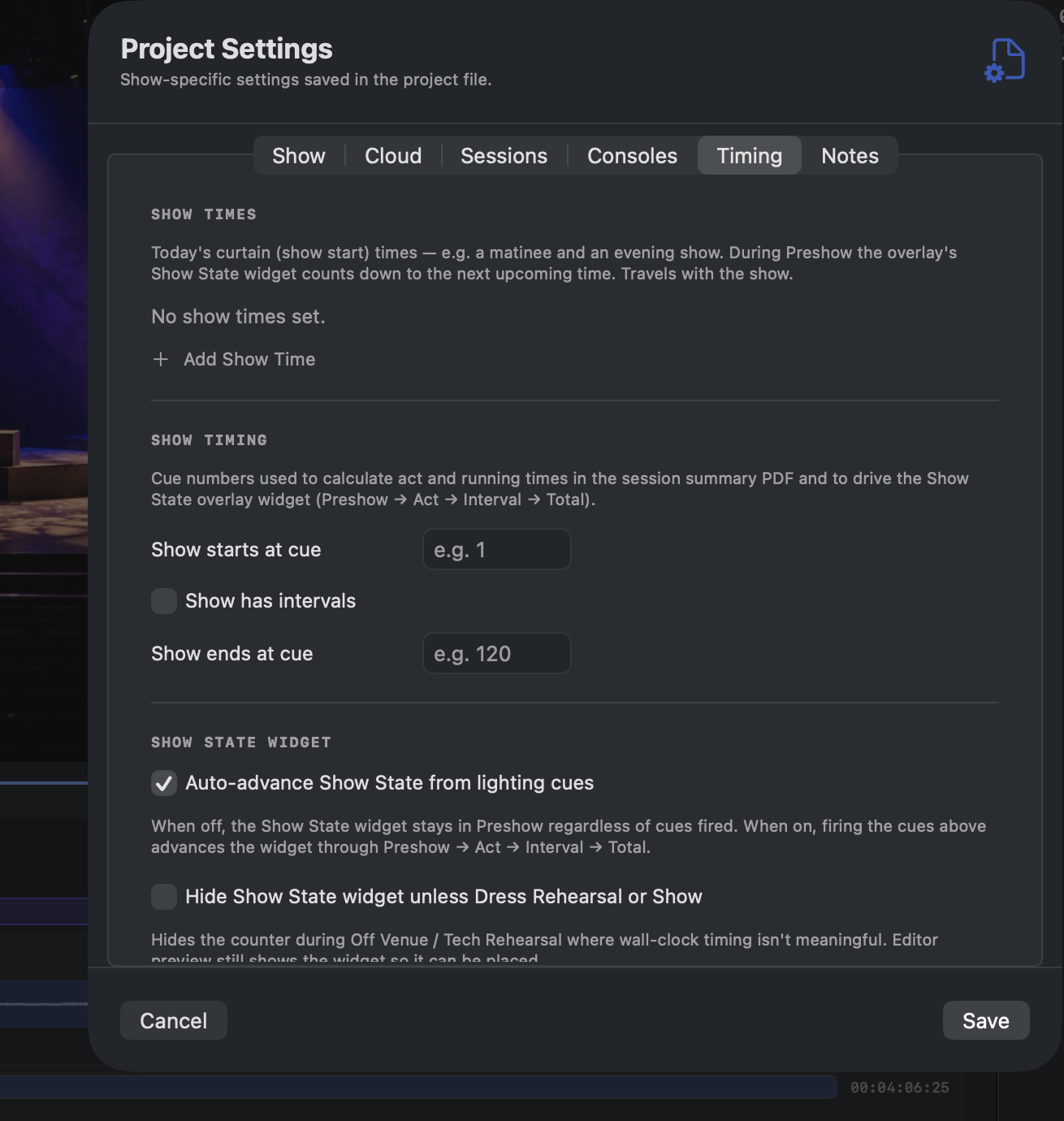 Project Settings — Timing tab