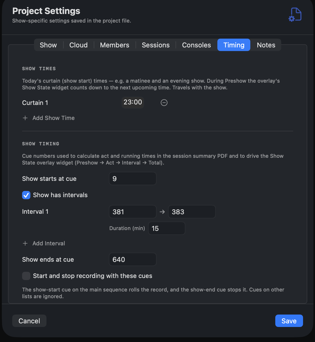Project Settings. Timing tab
