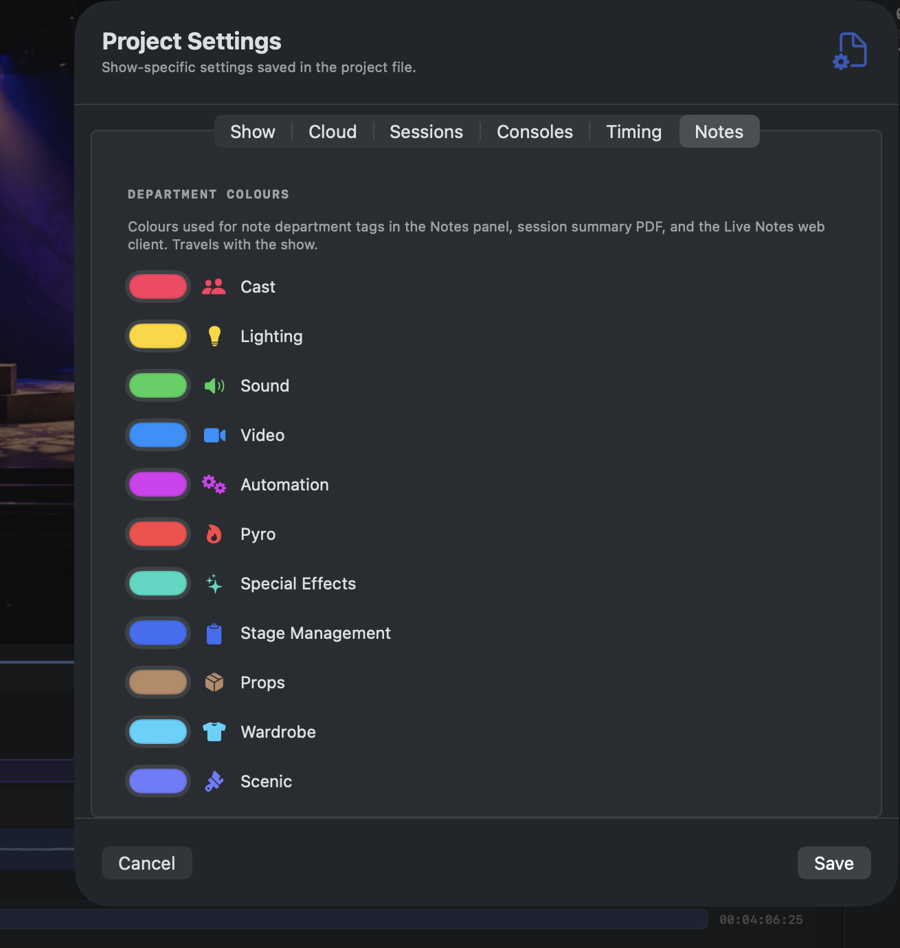 Project Settings — Notes tab