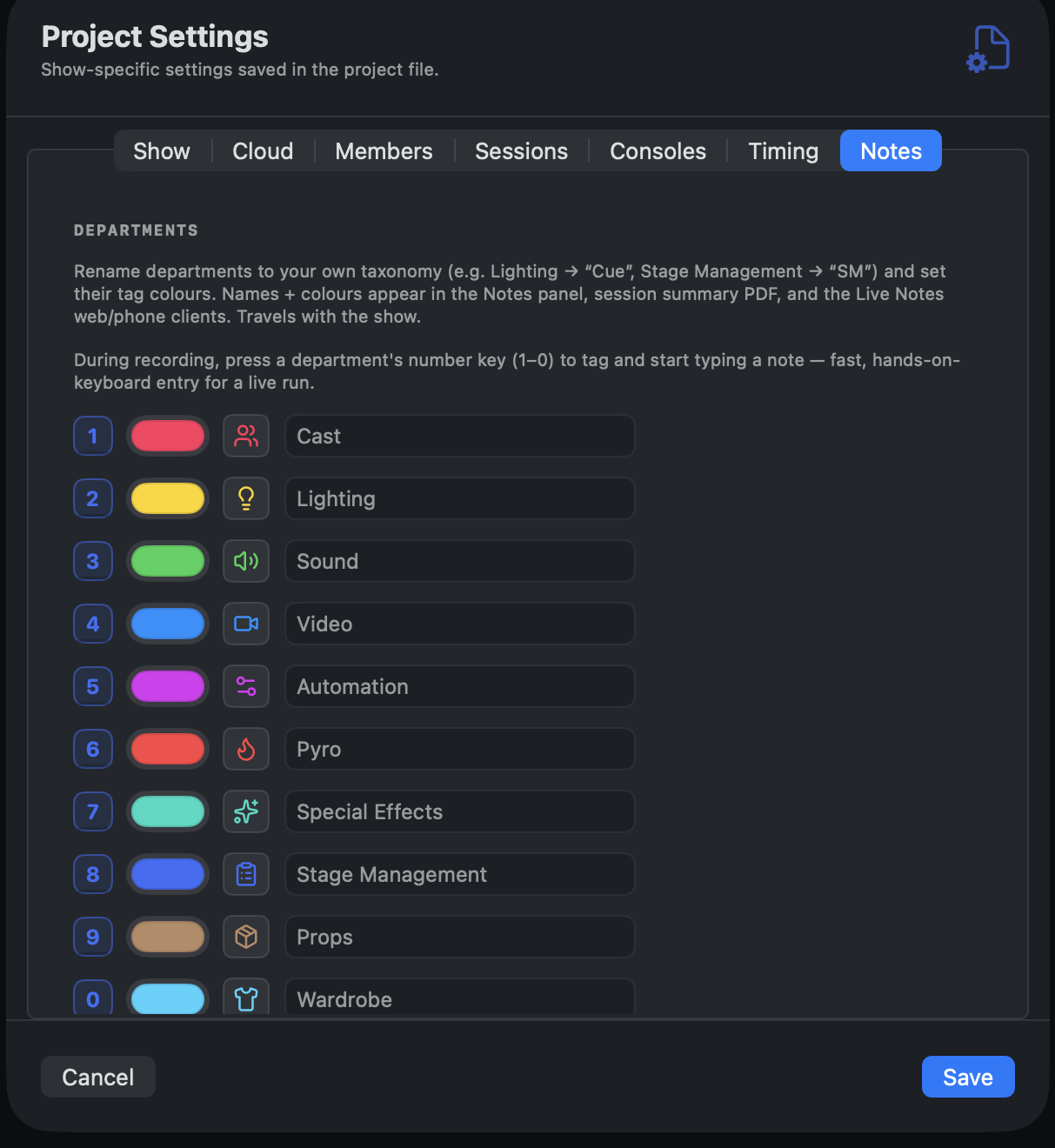 Project Settings. Notes tab